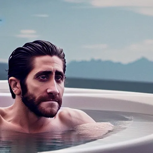 Image similar to cinestill of Jake Gyllenhaal sitting in a hot tub in the movie Waiting for Kristin