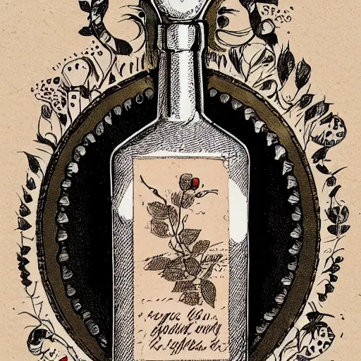 Prompt: exclusive edition illustration of a poem, roses and rosaries and razors and rye, smoke and sin and salts and syphon and slake, blessings of hell in a bottle,