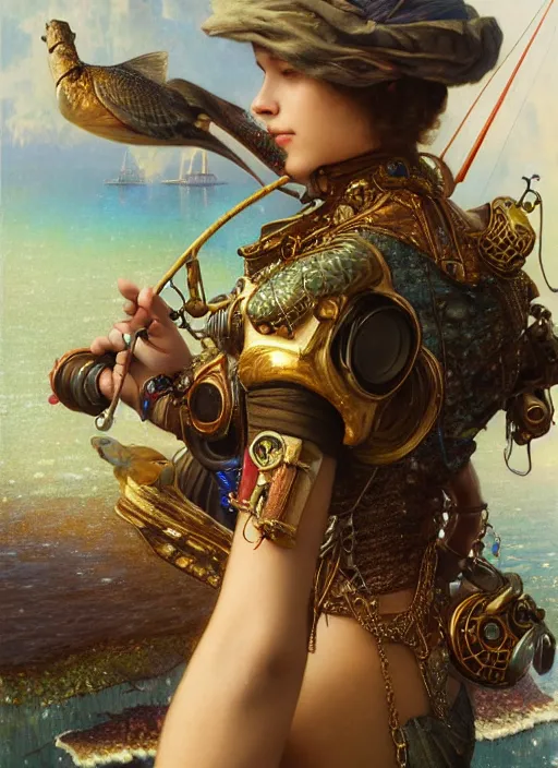 Image similar to hyper realistic fisherman, birds eye view, magical, gems, jewels, gold, steampunk, cyberpunk utopia, painted by tom bagshaw, mucha, gaston bussiere, craig mullins, j. c. leyendecker 8 k