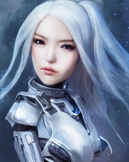 Image similar to detailed portrait of perfect android girl, warframe armor, beautiful face, scifi, futuristic, space station, laboratory, song hye - kyo, dreamy, long white hair, blue cyborg eyes, cinematic lighting, innocent, highly detailed, sharp focus, smooth, artstation, intricate, award winning, pure aura, divine, by akihiko yoshida