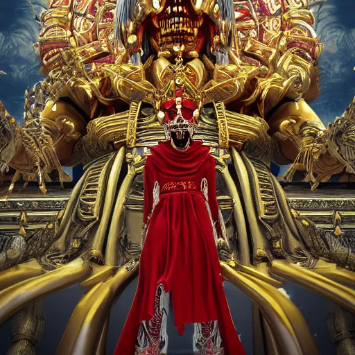 Image similar to skeleton king in a temple, standing. Thick red robes, shinning jeweled crown. Mighty, 4k, artstation, high detail, octane, wide angle shot from below