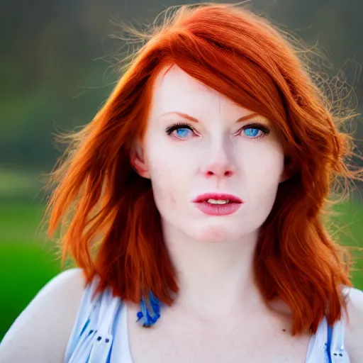 Prompt: close up portrait photo of the left side of the face of a redhead woman with blue eyes and big black round pupils who looks directly at the camera. Slightly open mouth, face covers half of the frame, with a park visible in the background. 135mm nikon. Intricate. Very detailed 8k. Sharp. Cinematic post-processing. Award winning photography