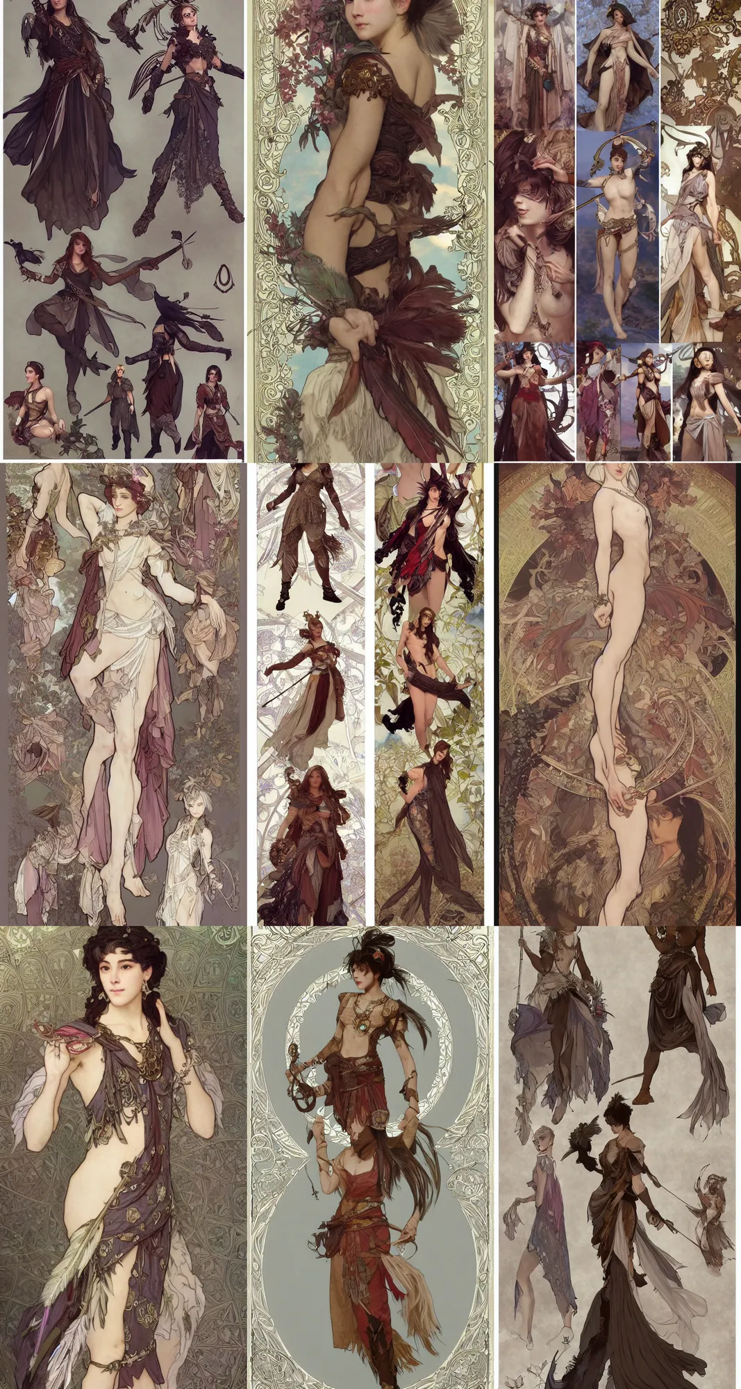 Prompt: Character concept and fashion spot illustrations from the Final Fantasy and Assassin's Creed Odyssey mashup, full-body, bloom, dynamic poses, diaphanous cloth, intricate crystalline and feather jewelry, ornate, filigree, arcane, cinematic lighting, by Alphonse Mucha, by James Gurney, by Bouguereau, by Rubens, fantasy, portfolio illustration, highly detailed, trending on Artstation, CGsociety, HQ, 8k, 35mm lens, f2.8, Bokeh,