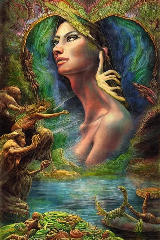 Prompt: painting of Egyptian Mother Nature in a lake, inspired by Gustav Moreau and Wayne Barlowe, exquisite detail, hyper realism, ornate, exquisite detail, cute face