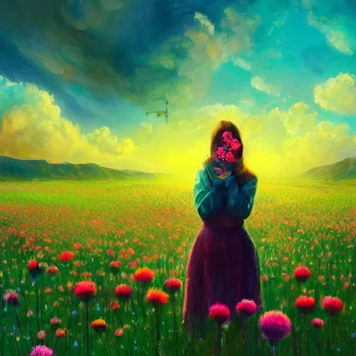 Image similar to girl with an blooming flower for a face, surreal photography, dream, standing in flower field, magical, in a valley, sunrise dramatic light, impressionist painting, colorful clouds, artstation, simon stalenhag, exploding flower face