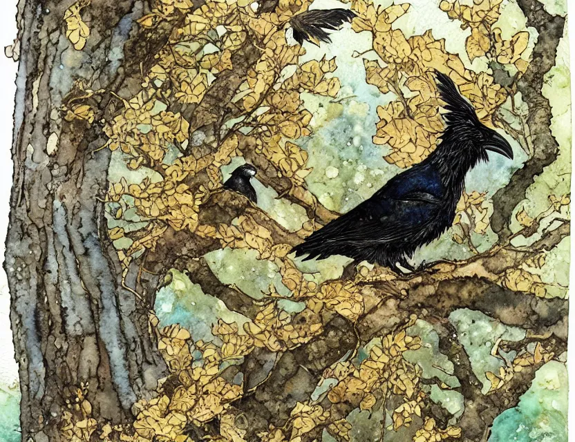 Prompt: faerie raven in the lichen woods. this watercolor and gold leaf work by the award - winning mangaka has a beautiful composition and intricate details.