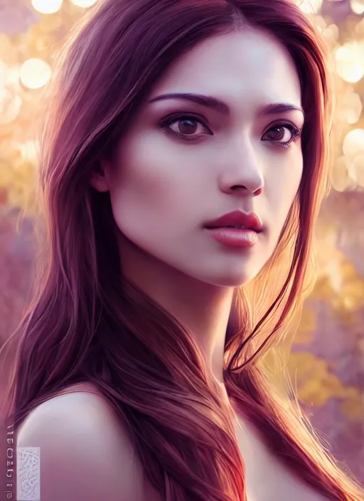 Image similar to photo of a gorgeous female in the style of stefan kostic, realistic, half body shot, sharp focus, 8 k high definition, insanely detailed, intricate, elegant, art by stanley lau and artgerm, bokeh foliage