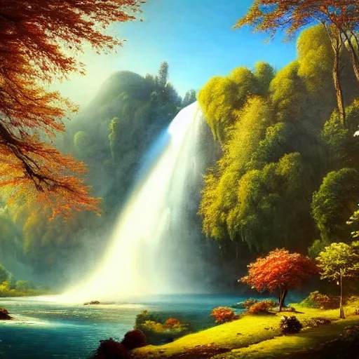 Image similar to the most beautiful panoramic landscape, oil painting, where a giant dreamy waterfall creates a river, the trees around are starting to bloom, cinematic lighting, highly detailed
