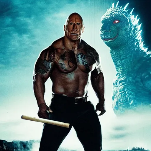 Image similar to movie poster of dwayne johnson with a baseball bat fighting godzilla outside a space station