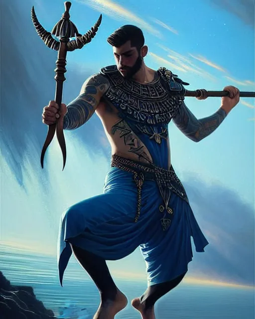 Prompt: a beautiful action portrait of an Atlantis prince, blue-fabric, tattoos, holding a deadly silver trident!!!!!!!!!!!!!!!, by Greg Rutkowski and Raymond Swanland, Trending on Artstation, ultra realistic digital art