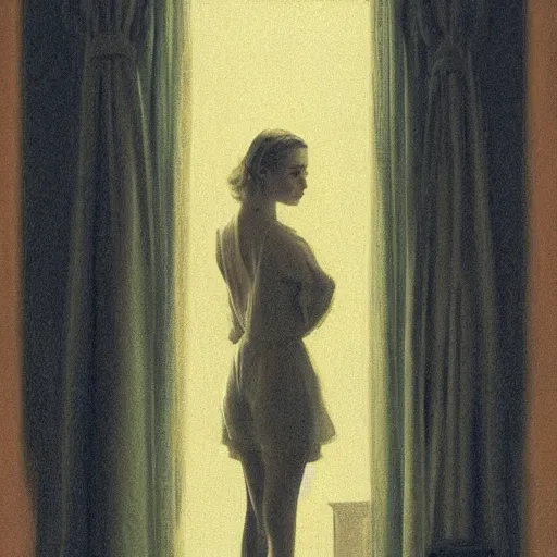 Image similar to silhouette of a Elle Fanning gazing out her hotel window at the rain, extremely detailed masterpiece, oil on canvas, low-key neon lighting, artstation, by J. C. Leyendecker and Peter Paul Rubens,