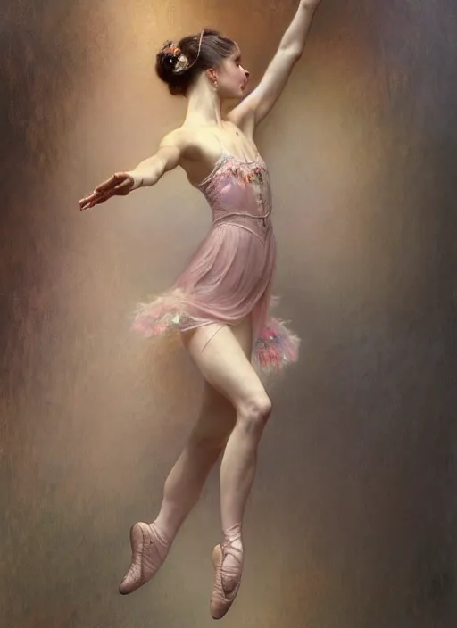 Image similar to a beautifull intricate pastel painting of a dancing ballerina, reflexions, verry high details by william turner art, greg rutkowski and alphonse mucha, trending on artstation, very very detailed, masterpiece, muted colors