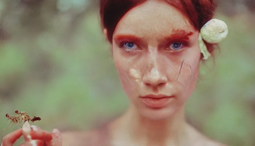 Prompt: 7 0 s movie still of a woman with fungus in the eye, cinestill 8 0 0 t 3 5 mm technicolor, heavy grain, high quality, high detail