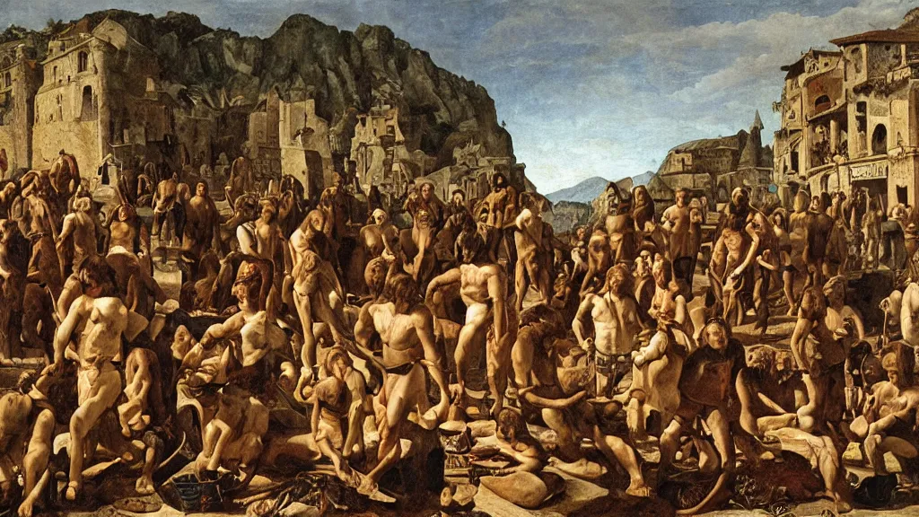 Image similar to neanderthal market, italian renaissance