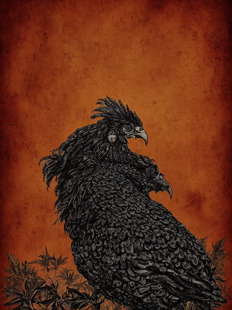 Prompt: dark military portrait of a majestic Fat!!!! Black Rooster, the King of rooster old decrepit tarot card, avian warrior, red gold black royal tarot card background, with blunt brown border and Cannabis trees, ultra-detailed pen and ink illustration, sharp focus, matte painting, symmetrical, golden ratio, cgsociety, concept art, 8k, octane render, artstation, art by Gerald Brom