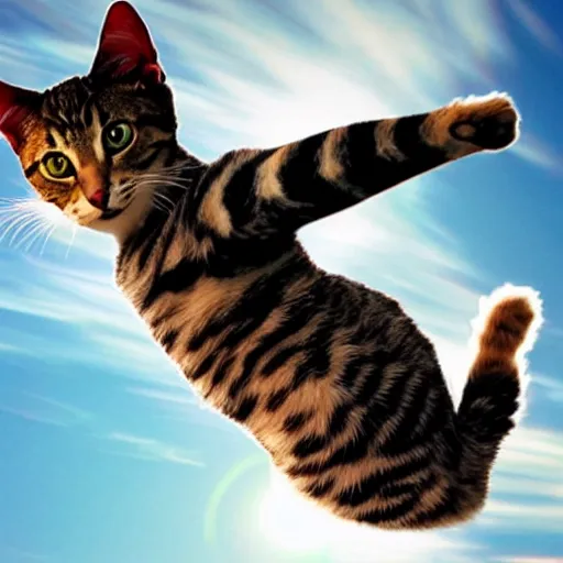 Prompt: a hyper realistic photo of a superhero cat flying in the sky. the sky is blue and it ’ s sunny. she is accelerating very fast.