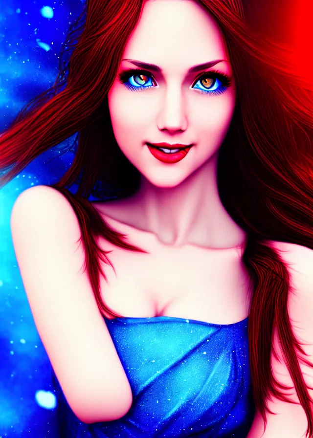 Image similar to epic digital photo portrait of stunning brunette woman, perfect face, blue eyes, smiling, red sapphire dress, hdr, 4 k, wlop, pixiv, gorgeous, much wow, cinematic