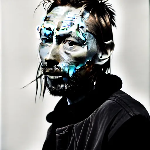 Image similar to Thom Yorke, a man with a beard and a black jacket, a portrait by John E. Berninger, dribble, neo-expressionism, uhd image, studio portrait, 1990s