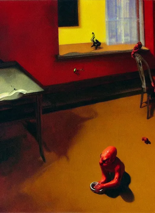 Prompt: the spider wants to eat, but is tired, a strange feeling, hauntingly surreal, highly detailed oil painting, by francis bacon, edward hopper, adrian ghenie, glenn brown, soft light 4 k, red and yellow colour palette, cinematic composition, masterpiece