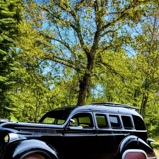 Image similar to photo of a black 1 9 3 6 chrysler airstream parked at a lake