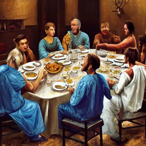 Prompt: painting of a long dinner table in ancient times with every Bill Murray movie role sitting at the table