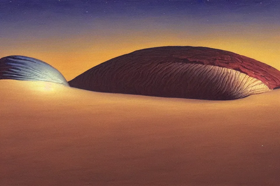 Prompt: a beautiful painting of a giant seashell in middle of the desert at night, painted by john harris and moebius