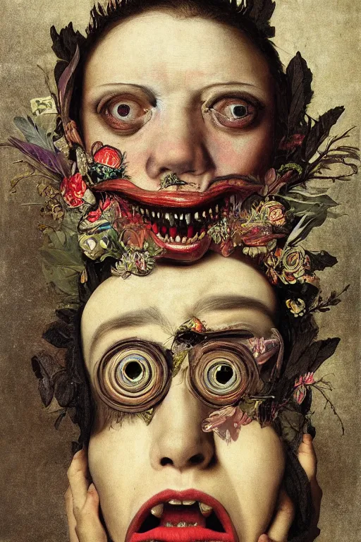 Prompt: Detailed maximalist portrait with large lips and with large eyes, teeth, botany, exasperated expression, HD mixed media, 3D collage, highly detailed and intricate illustration in the style of Caravaggio, dark art, baroque