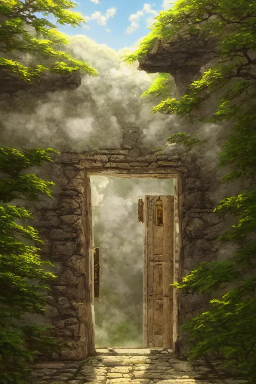 Prompt: platform door of ancient building, dream, cloud, tintal effect, super detail, 8 k, volume light, ultragreen, chinese traditional color tone, by hayao miyazaki and lee madgwick, trending on artstation