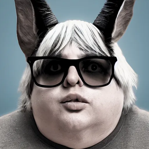 Image similar to andy milonakis as a goat, goat body, human head, anthropomorphic, 4 k, photorealistc, high details