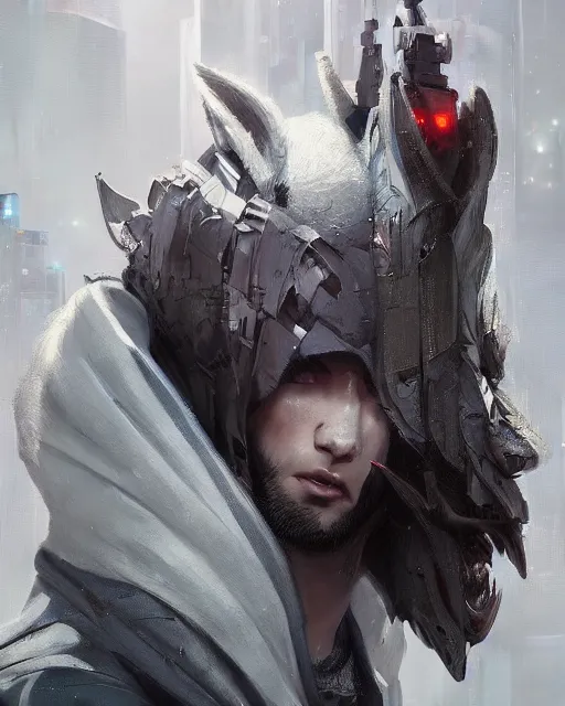 Image similar to a beautiful portrait of a handsome male anthropomorph white wolf wearing a hoodie in cyberpunk city. character design by cory loftis, fenghua zhong, ryohei hase, ismail inceoglu and ruan jia. artstation, volumetric light, detailed, photorealistic, rendered in octane