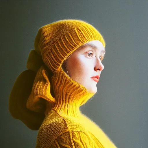 Prompt: a portrait photography of a woman wearing a yellow knitted turtleneck sweater that covers half her face. long hair. agfa vista 4 0 0 film. detailed. depth of field. cinematic. lens flare. grainy film. warm light.