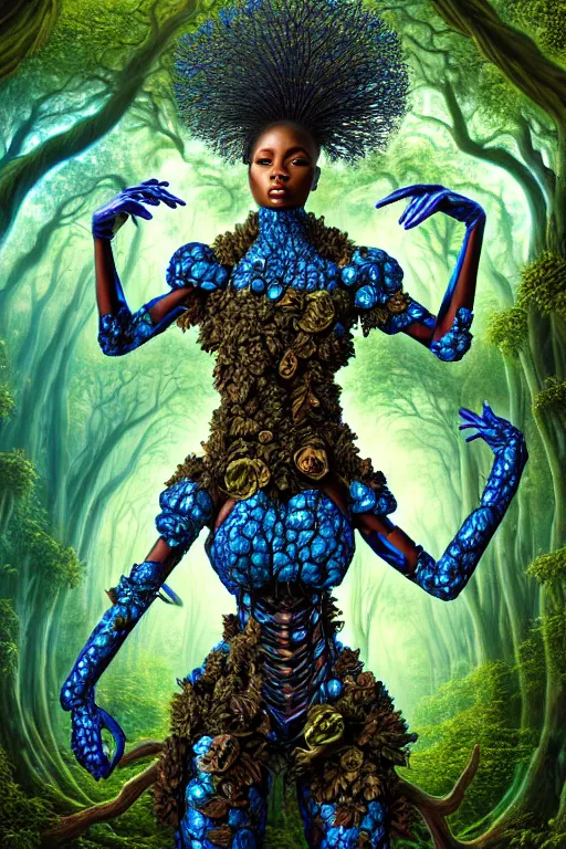 Prompt: hyperrealistic post - rococo super beautiful! black woman with exoskeleton armor, merging with tree in a forest, highly detailed digital art masterpiece smooth cam de leon hannah yata dramatic pearlescent blue teal light ground angle hd 8 k sharp focus