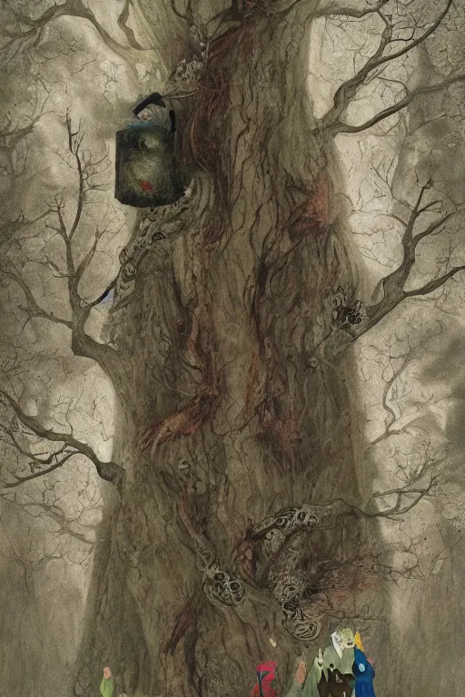 Image similar to tarot card, haunted woods, by andy kehoe