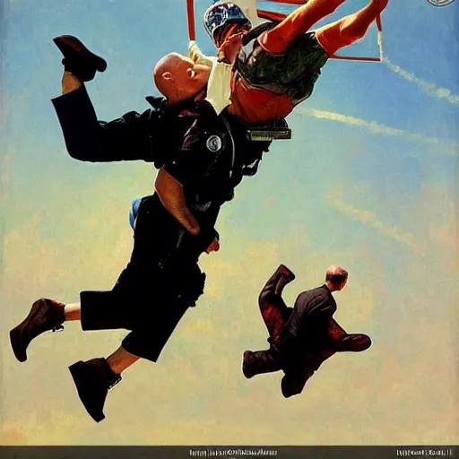 Prompt: benjamin netanyahu skydiving, plane in background, by norman rockwell and michael cheval