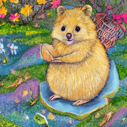 Image similar to detailed illustration, a happy quokka on rotttnest island in the style of may gibbs, layered composition, layers, texture, textured, layered, sculpted, dynamic, 🦋,