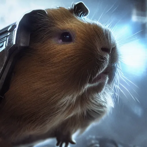 Image similar to guinea pig in gears of war, splash art, movie still, detailed face, photorealistic facial features, cinematic lighting, dramatic, octane render, long lens, shallow depth of field, bokeh, anamorphic lens flare, 8 k, hyper detailed, 3 5 mm film grain