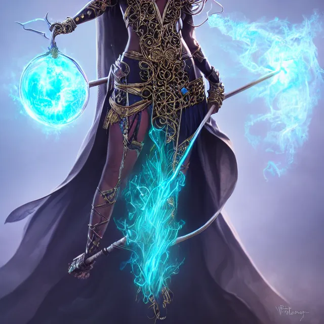 Prompt: beautiful elemental electric witch with ornate robes and staff, highly detailed, 4 k, hdr, smooth, sharp focus, high resolution, award - winning photo, artgerm, photorealistic