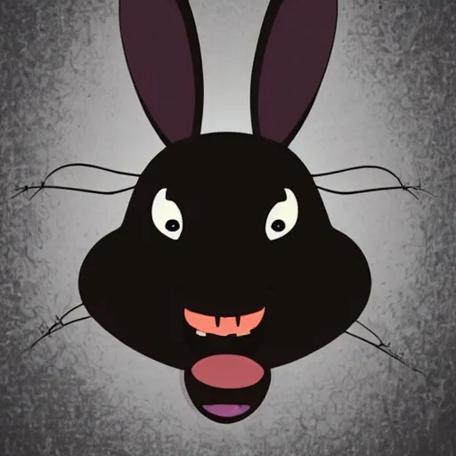 Image similar to A extremely highly detailed majestic hi-res beautiful, highly detailed head and shoulders portrait of a scary terrifying, horrifying, creepy black cartoon rabbit with scary big eyes, earing a shirt laughing, hey buddy, let's be friends, in the retro art style of Walt Disney