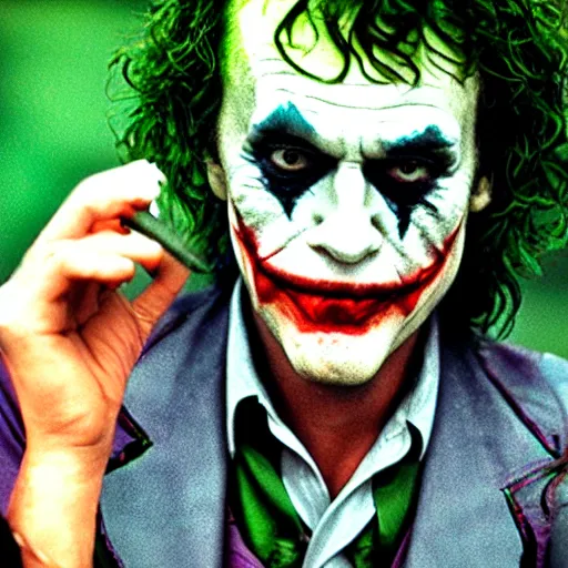 Image similar to photograph of the joker smoking a joint at woodstock, close - up shot, circa 1 9 6 9