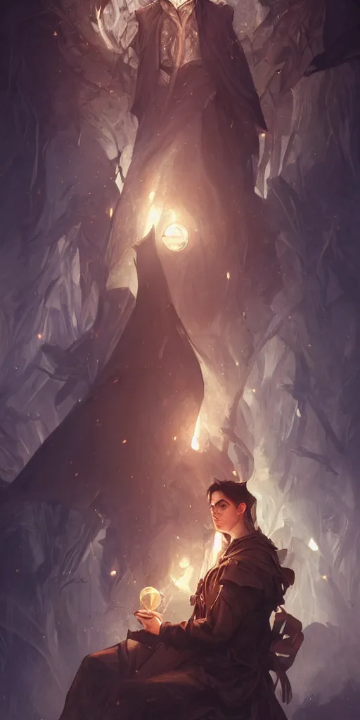 Image similar to a handsome young wizard confused about his decision between dark and light magic, glowing eyes, volumetric lighting, D&D, fantasy, intricate, cinematic lighting, highly detailed, digital painting, artstation, concept art, smooth, sharp focus, illustration, art by Artgerm and Greg Rutkowski and Alphonse Mucha