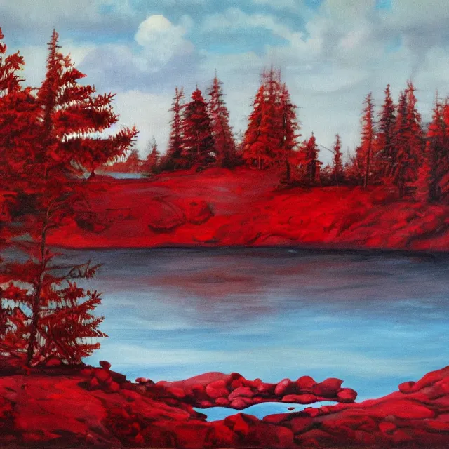 Prompt: bloody red lake with skull shaped pebbles on the shore surrounded by spikey trees, oil painting