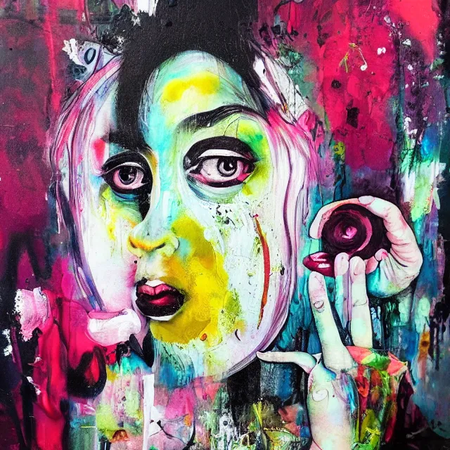 Image similar to “ a portrait in a female art student ’ s apartment, magic mushrooms, sensual, art supplies, a candle dripping white wax, berry juice drips, acrylic and spray paint and oilstick on canvas, surrealism, neoexpressionism ”