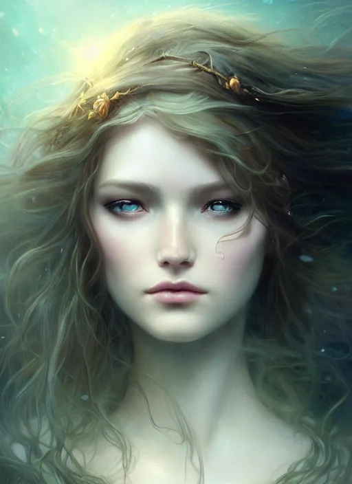 Image similar to beautiful goddess portrait of a seductive twilight princess dreaming in underwater murky light, wind blown hair! dark fantasy esoteric, closeup, d & d, fantasy, intricate, elegant, highly detailed, digital painting, artstation, concept art, matte, sharp focus, illustration, art by artgerm and tom bagshaw and greg rutkowski and alphonse mucha