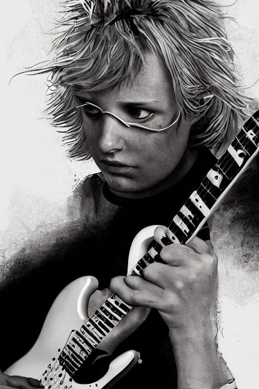 Image similar to blonde wild hair boy playing fender stratocaster, black eye - patch, close - up portrait, plain white tshirt, powerfull, intricate, elegant, volumetric lighting, scenery, digital painting, highly detailed, artstation, sharp focus, illustration, concept art, steve mccurry