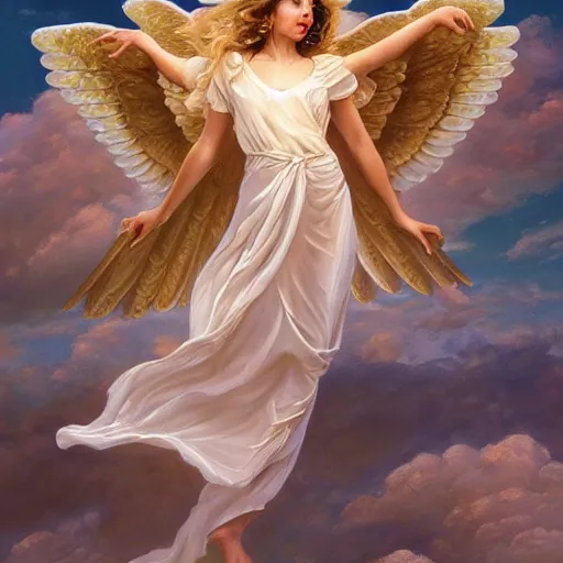 Image similar to a photo of a beautiful alluring female angel in the clouds, detailed, centered, digital painting, artstation, concept art, donato giancola, Joseph Christian Leyendecker, WLOP, Boris Vallejo, Annie Leibovitz and Steve McCurry, David Lazar, Jimmy Nelsson, Breathtaking, 8k resolution, extremely detailed, beautiful, establishing shot, artistic, hyperrealistic, beautiful face, octane render