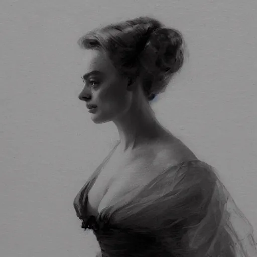 Prompt: portrait of Margot Robbie, antebellum dress, elegant, b&w shading, by Ilya Repin, and Greg Rutkowski