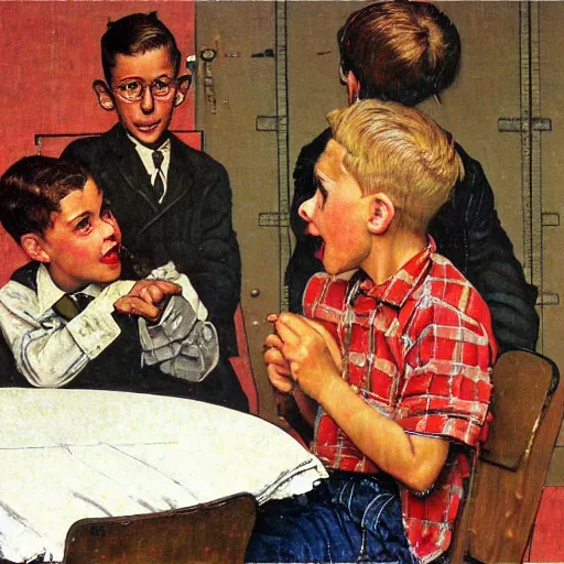 Prompt: Three students talking at a table artwork by Norman Rockwell