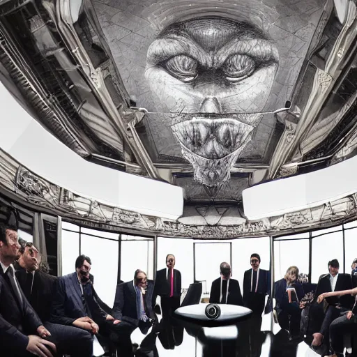 Image similar to A reptilian conspiracy meeting led by Emmanuel Macron, cult, meeting, illuminati, photography, studio portrait, volumetric lighting, nikon, canon, f3.2, 14mm, wide angle