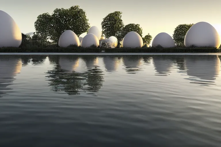 Prompt: 2 0 white round egg shaped buildings intersect and depend on each other to form a post - modern building, by pierre bernard, on the calm lake, people's perspective, future, interior wood, dusk, unreal engine highly rendered, global illumination, radial light, internal environment