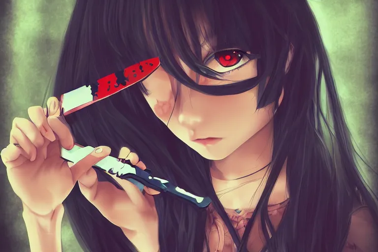 Prompt: portrait of a cute beautiful girl holding a butterfly knife, anime, digital art,